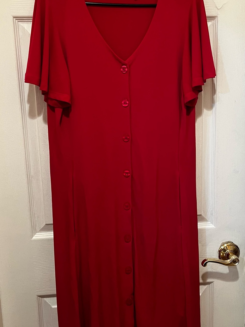 Susan Graver Red V-Neck Button-Front Maxi Dress
